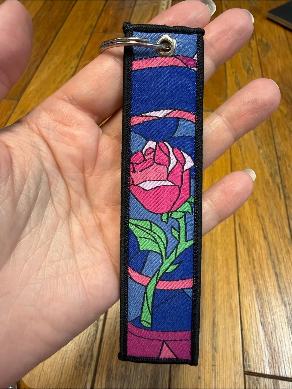 Beauty and the Beast Stained Glass Key Fob - Pink Rose & Yellow Dress